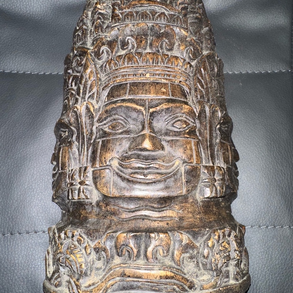 Carved Wood Sculpture Hindu Temple Art Figure 3 Headed Wall Bust Thick